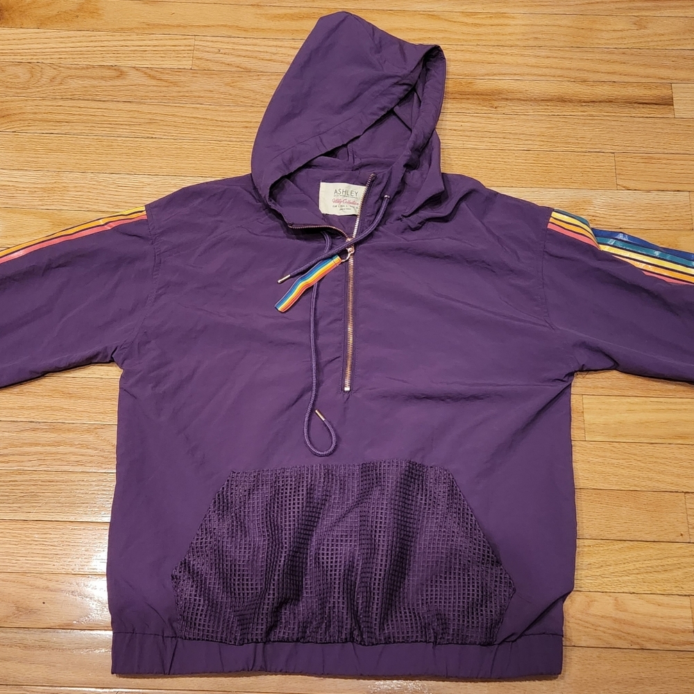 Ashley 26 International ¾ Zip Purple Pullover W Mesh Front Pocket Rainbow Stripe